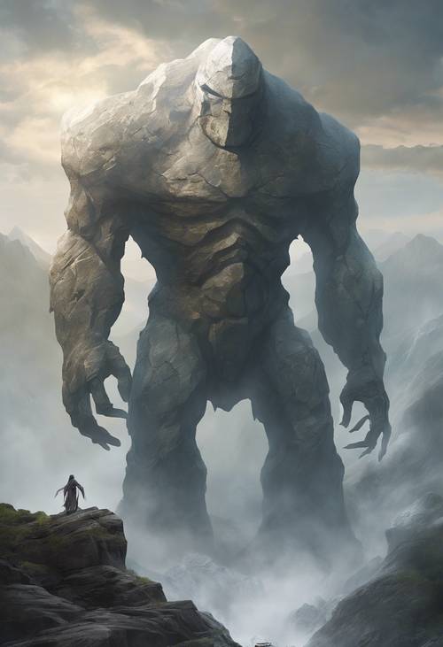 Một con golem đá khổng lồ nổi lên từ những ngọn núi mù sương.