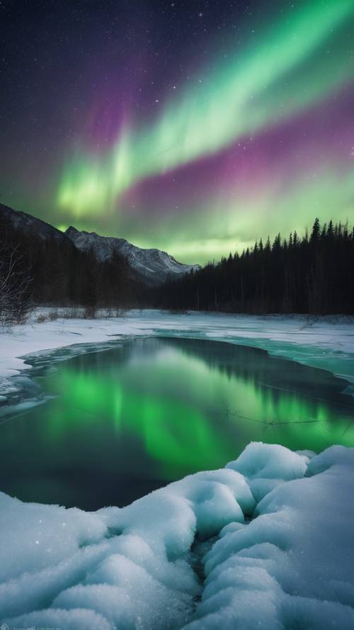 A stunning view of a green aurora borealis over a tranquil frozen landscape, with a quote about natural beauty.