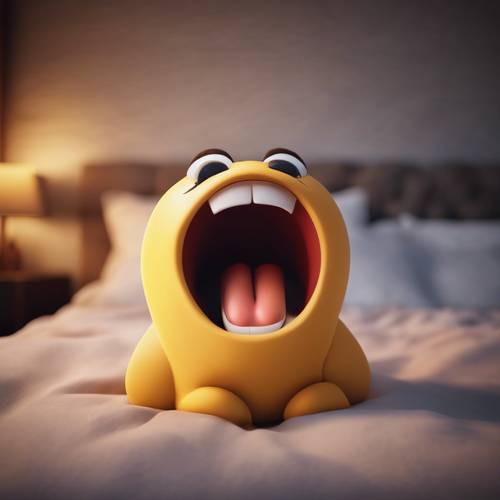 A yawning emoji with characteristic drowsy eyes, set in dimly-lit bedroom environment, emphasizing a quiet late-night atmosphere.