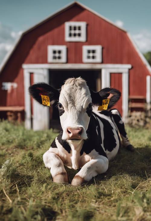 Un bébé vache caricatural et mignon allongé confortablement sur un carré d’herbe, sur fond de grange rouge.