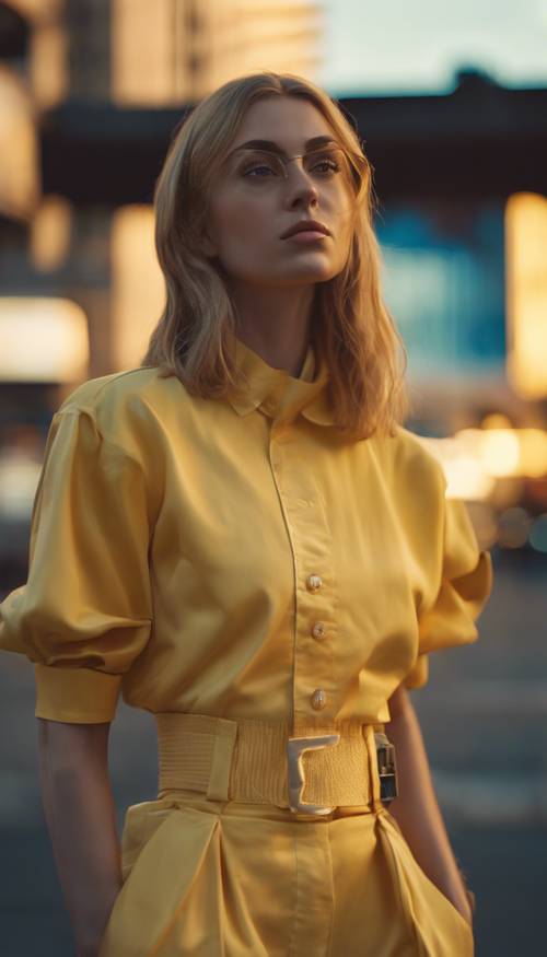 A portrait of a woman dressed in yellow Y2K style clothing, standing in a city at sunset. Tapet [0fd17f0662bb4adf8a48]