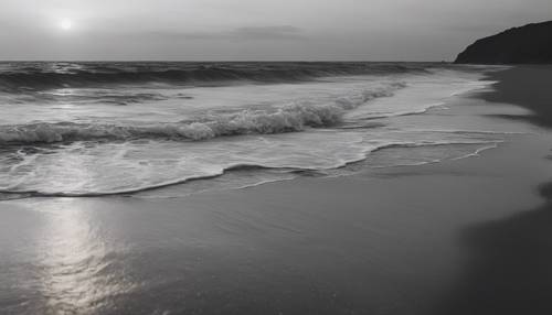 Pemandangan laut monokromatik yang damai saat senja dengan ombak lembut menjilat pantai berpasir hitam.