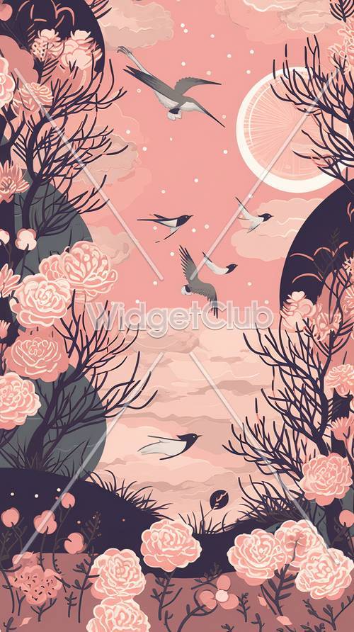 Pink Sky and Flying Birds