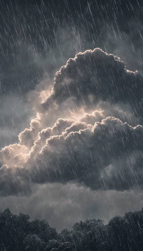 Пышные дождевые облака в небе излучают сияние серого блеска.