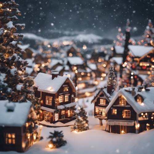 A scenic winter village, its rooftops covered in a thick layer of snow, all lit up with festive decorations in anticipation for the holiday celebrations.