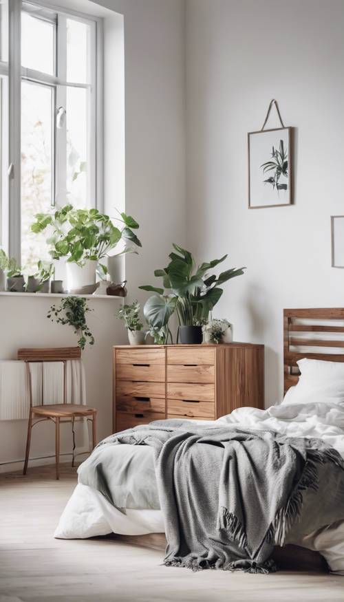 Спокойная скандинавская спальня с белыми стенами, функциональной деревянной мебелью, мягким серым и белым текстилем, естественным освещением и зеленым растением в горшке.