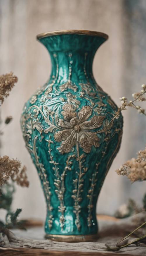 An antique teal ceramic vase with intricate floral designs