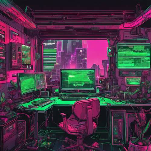 محطة عمل أحد مطوري الألعاب، مغمورة في الضوء الأحمر والأخضر الناعم، مما يوضح عالم الألعاب النابض بالحياة.