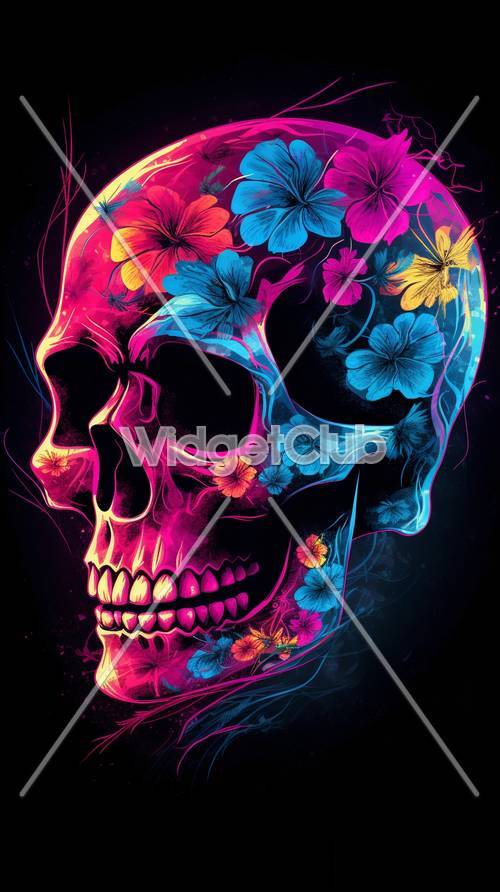 Crâne coloré avec des fleurs au néon