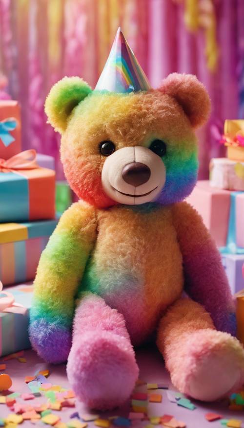 Ein bezaubernder Teddybär mit Regenbogenaura sitzt inmitten eines Stapels bunter Geschenkkartons bei einer Kindergeburtstagsparty.