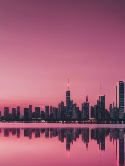 Горизонт города, освещенный темно-розовыми сумерками, отражается в спокойном озере.