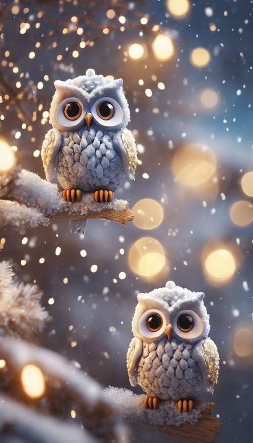 A couple of cartoon owls sitting in a snow-covered tree decorated with New Year lights.