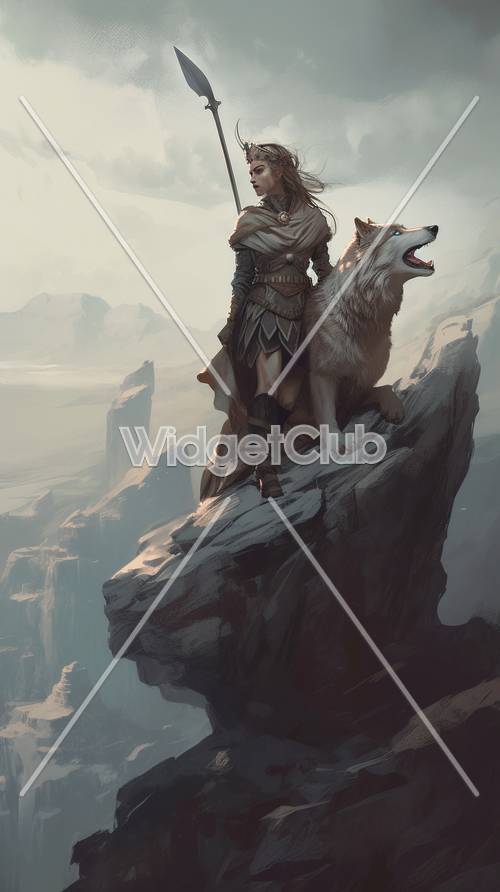 Lobo uivante e guerreiro no pico de uma montanha