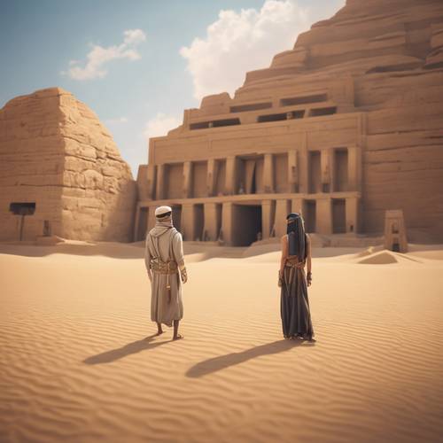 An anime couple discovering an ancient relic in Egypt’s desert.