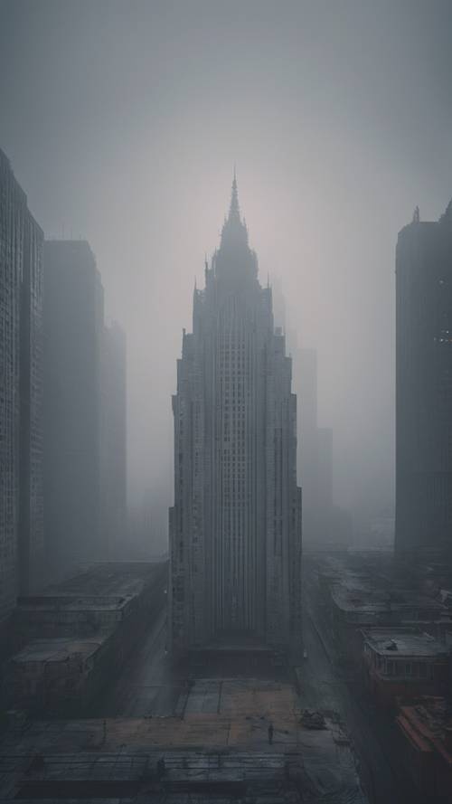 An eerie scene of a deserted city, with dark, empty streets and towering buildings half lost in a foggy mist.