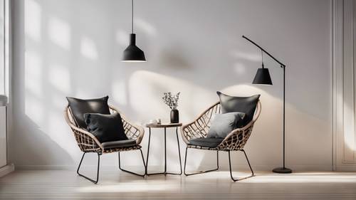 Sepasang kursi bergaya Skandinavia yang terlihat nyaman di dinding putih polos, dengan lampu sederhana di antaranya