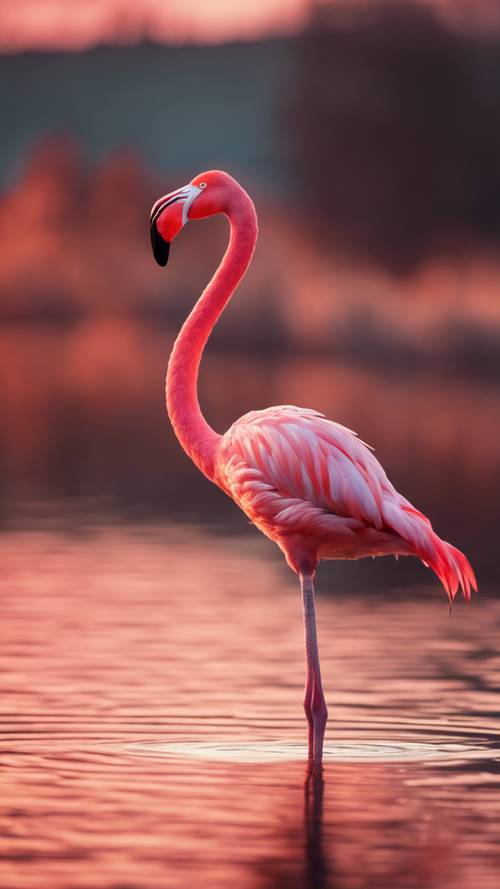 Un fenicottero rosa brillante in piedi su una gamba su un lago mentre il sole tramonta.