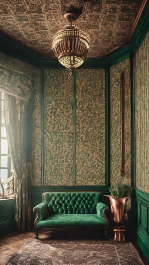 緑と銅色の魅力的な色合いの、ペイズリー柄の壁紙が特徴的なヴィクトリア朝スタイルの部屋