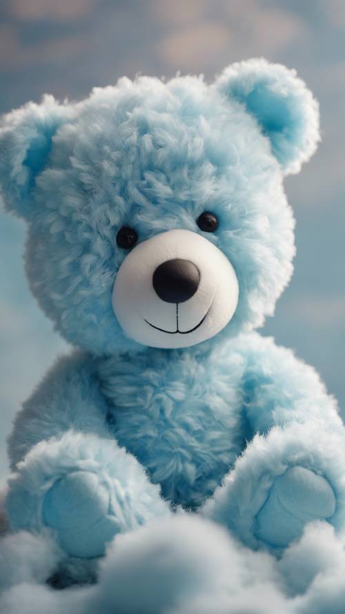 A cute light blue teddy bear sitting on a fluffy cloud.
