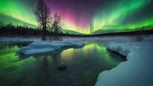 La magica aurora boreale sullo sfondo di un paesaggio scuro e innevato con la frase &quot;In un mondo dove puoi essere qualsiasi cosa, sii gentile&quot; che risplende dolcemente nell&#39;arco aurorale.