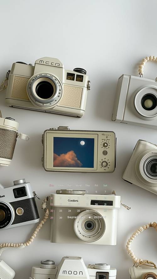 Vintage Cameras and Moonlit Sky Photography Display Wallpaper [4061b762cff64b839816]