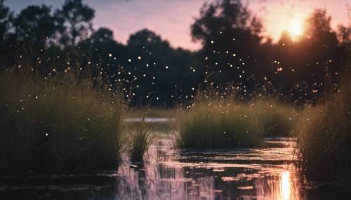 Rawa misterius bermandikan cahaya senja dengan kunang-kunang menghiasi bayang-bayang gelap.