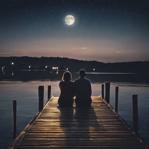 Una pareja sentada en un muelle, con los pies colgando en el agua bajo la luz de la luna. Fondo de pantalla [4c437f8d41f440a28a7a]