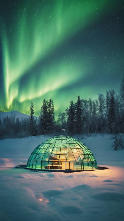 The Northern Lights dancing over a glass igloo in a snowy landscape.