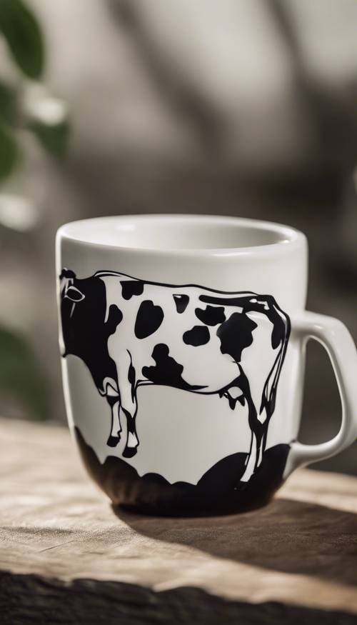 A cute little ceramic mug decorated with black and white cow print.
