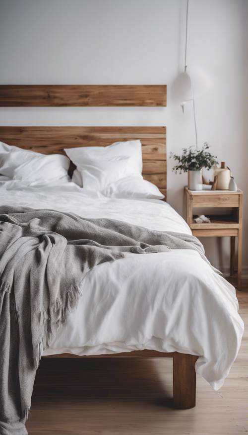 Una moderna camera da letto scandinava con fresche lenzuola bianche su una struttura del letto in legno.