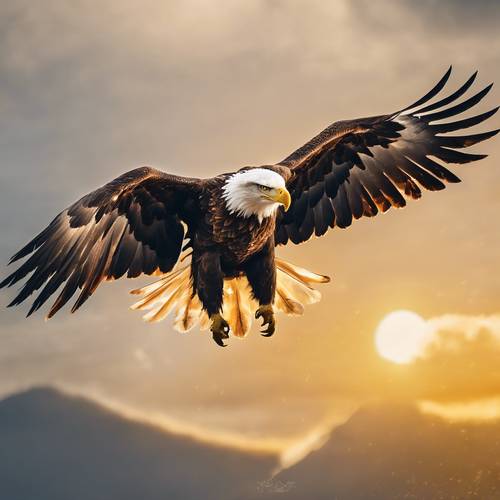 Uma águia majestosa voando pelos céus claros, seguida por uma poderosa aura amarela.