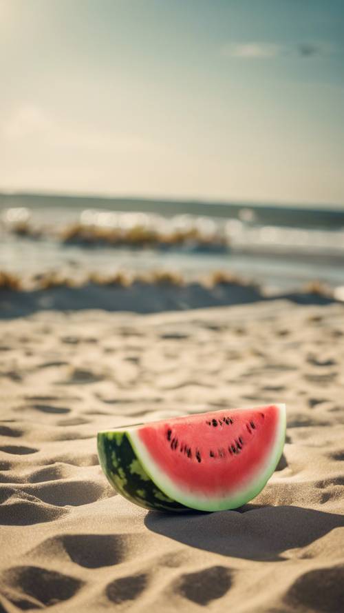 Una concurrida playa de verano con una sandía solitaria olvidada en la soleada arena.