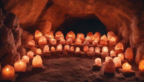 Salt lamps glowing with warm light arranged in a Himalayan salt cave. Wallpaper [4371e8bcae94488bbd02]