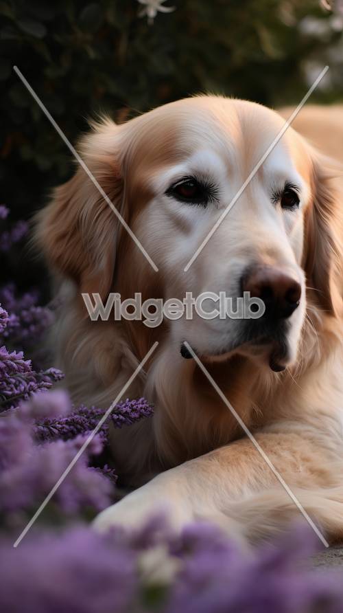 Chú chó tha mồi vàng giữa những bông hoa oải hương