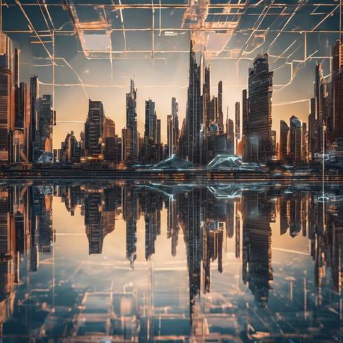 Una malla de imágenes del horizonte de una ciudad futurista en un patrón continuo.