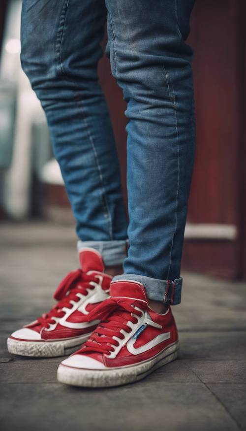 Un paio di sneakers elegantemente retrò in classici blue jeans e lacci rossi, che completano perfettamente un outfit a tema anni &#39;80.