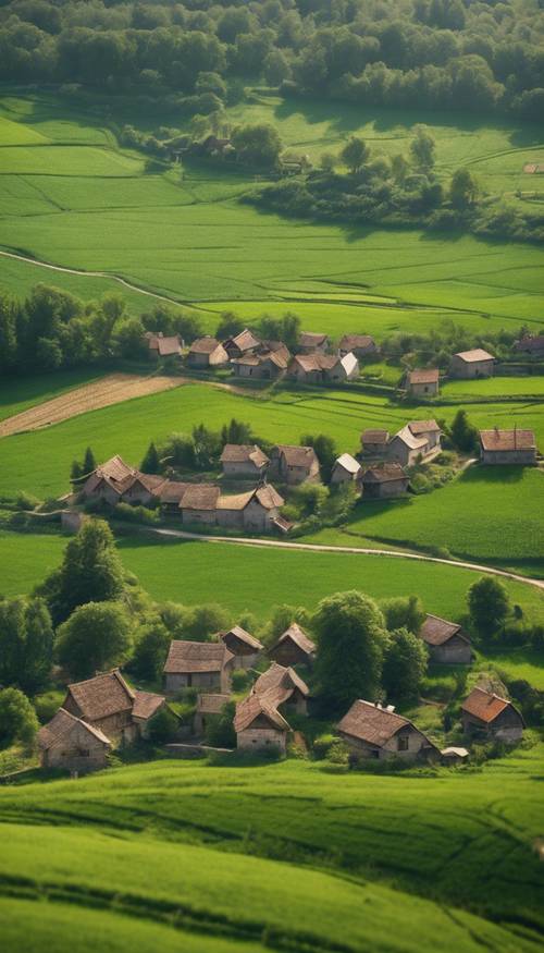 סצנה כפרית אידילית של כפר ירוק מנומנם עם בתים מסורתיים מוקפים בשטחים חקלאיים פוריים.