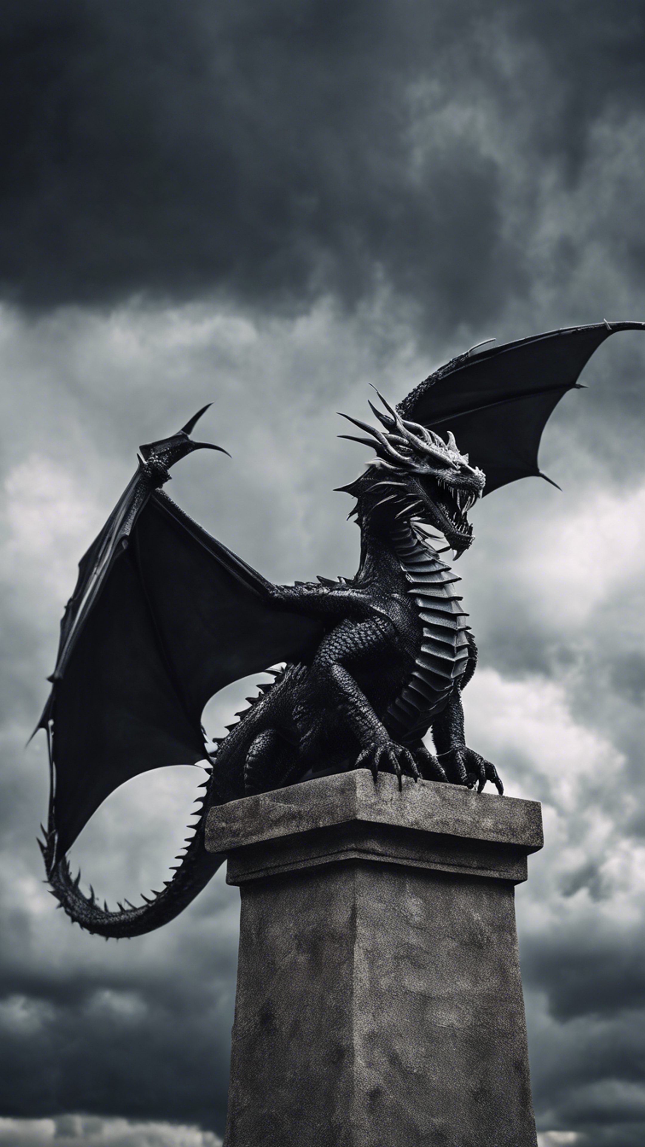 A gothic-style, black iron dragon flying amidst stormy, dark clouds. Tapeta[aebeaee8cf654a26baba]