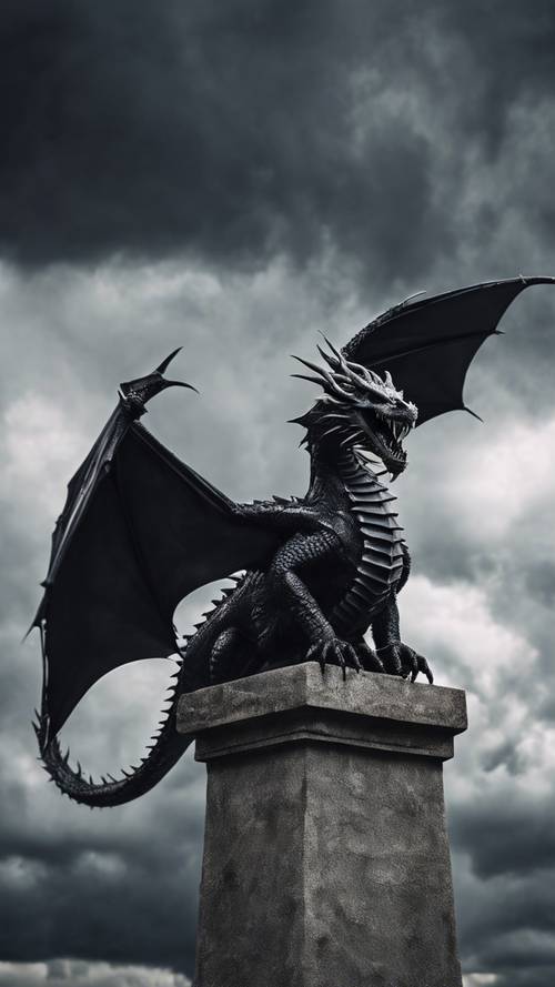 A gothic-style, black iron dragon flying amidst stormy, dark clouds.