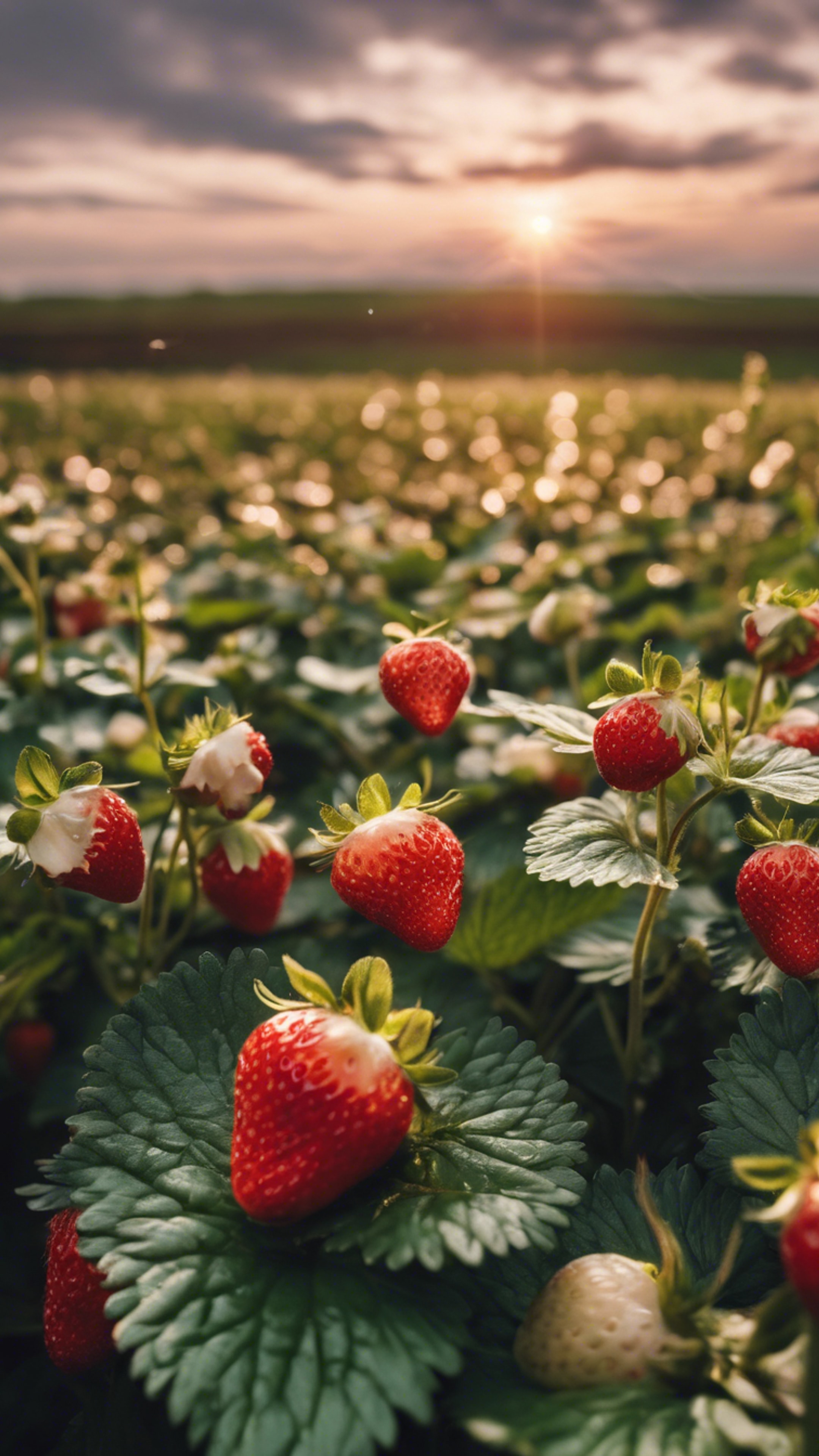 A romantic sunset view over a field of blooming strawberry plants. Tapet[3adde1a5bf4e4528ba85]