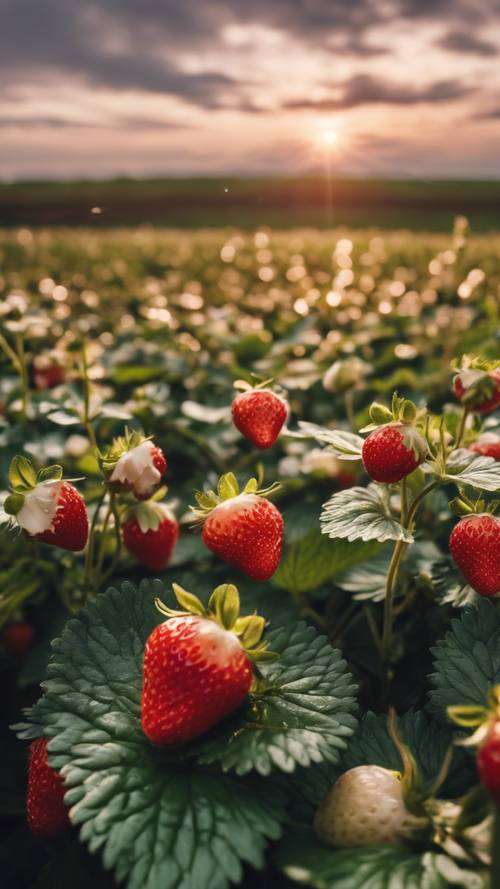 Ein romantischer Blick auf den Sonnenuntergang über einem Feld blühender Erdbeerpflanzen.