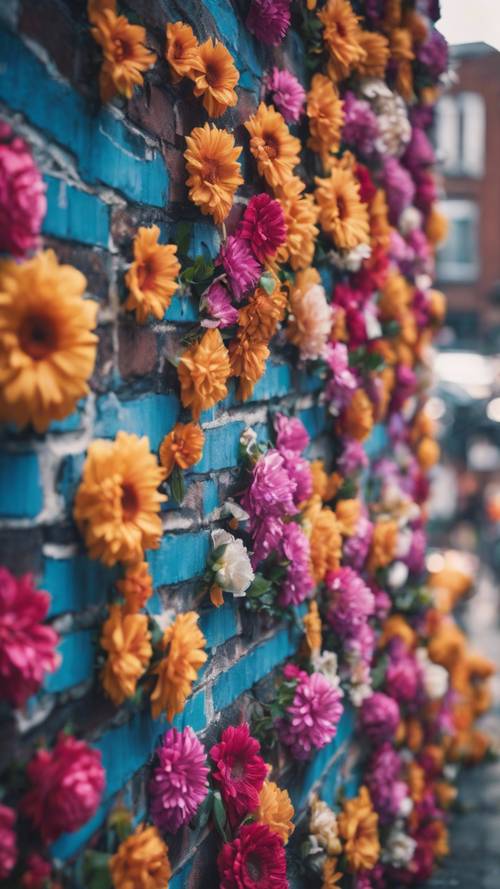 A vibrant floral graffiti adorning a brick wall in a bustling city street.