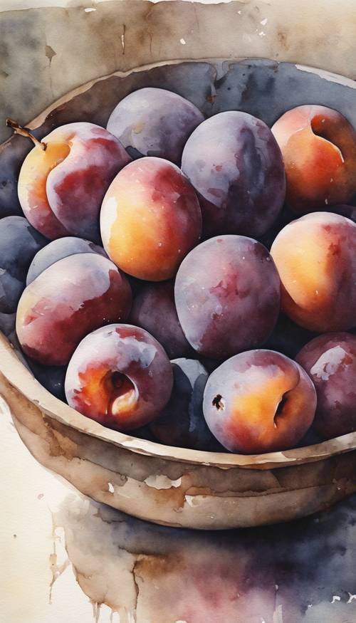 Lukisan cat air pedesaan antik berupa buah plum dan buah persik dalam mangkuk keramik.