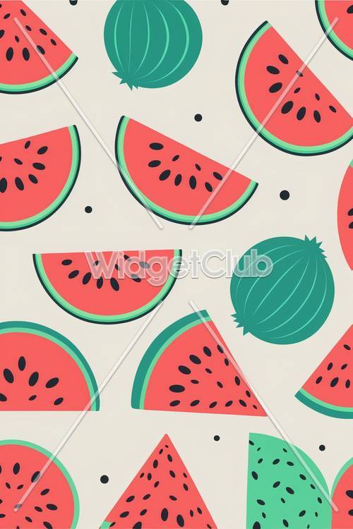 Fatias de melancia coloridas e padrão divertido de frutas inteiras