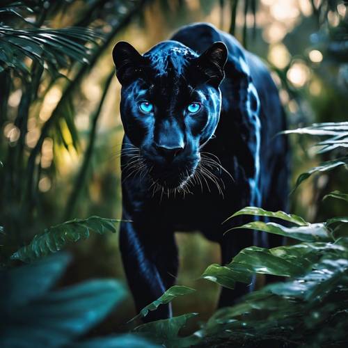 Seekor macan kumbang hitam tengah malam dengan mata biru elektrik berkeliaran di hutan yang diterangi cahaya bulan.