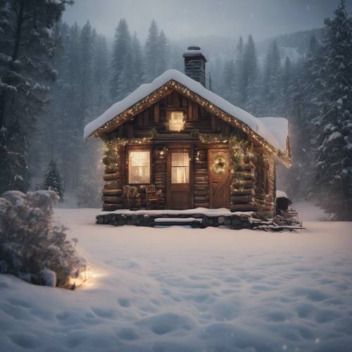 A rustic log cabin adorned with twinkling light strands, mistletoes at the doorway, and smoke gently billowing out from the chimney, nestled in a snowy landscape.