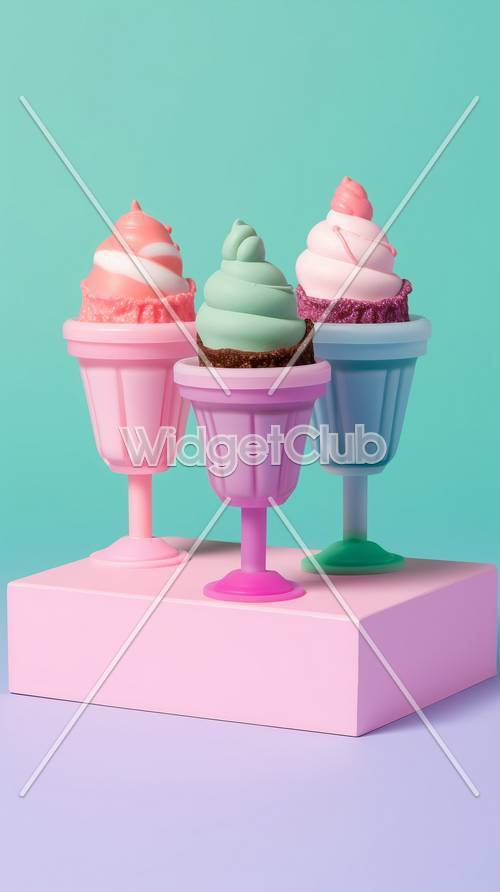 Colorful Ice Cream Cones on Pastel Background