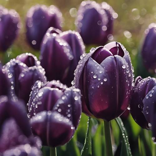 A close up of dark purple tulips covered in morning dew.