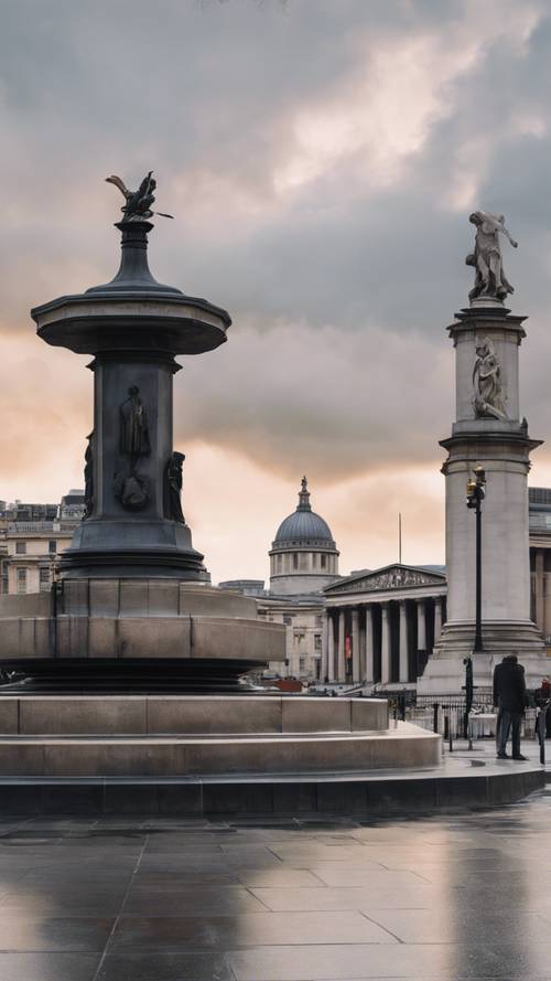 Pemandangan Trafalgar Square di pagi hari, dengan Galeri Nasional sebagai latar belakangnya.