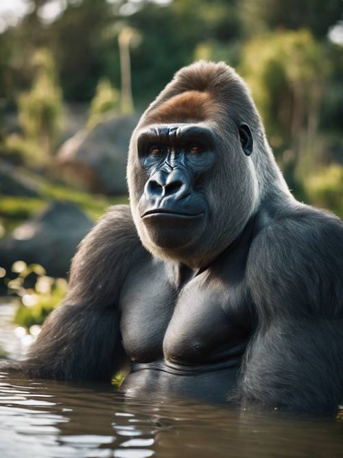 A friendly gorilla making cheerful faces at his reflection in a pond, under dappled sunlight.